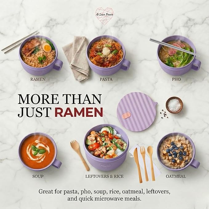 AI LOVE PEACE Ramen Bowls, 40 oz Large Microwavable Noodle Bowls (2 Purple) with Chopsticks, Sporks, and Utensil Bag, Portable Microwave Bowl for Home, Office, Dorm, or College Gift.