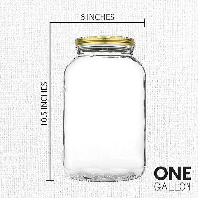 kitchentoolz 1 Gallon Glass Large Mason Jar Wide Mouth with Metal Airtight Lids (4 Pack) - Fermentation Kombucha Kefir Kimchi - Storing Canning Pickling Containers -Gold Lids