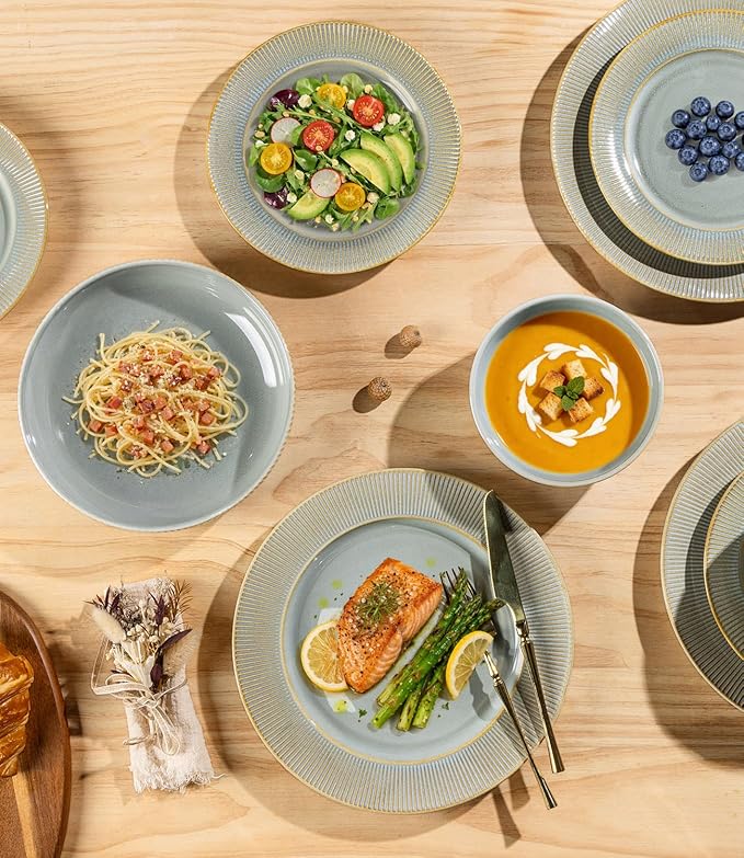 TheTerra Stoneware Dinnerware Sets for 6, 18 Pieces Ceramic Lightweight Plates and Bowls Sets, Scratch Resistant Embossed Dish Set, Oven, Microwave & Dishwasher Safe, Stone Sage