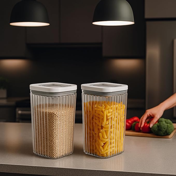 Oggi Airtight Clear Fluted Canister Set of 2 - Stackable Food Storage Containers with Lids, Vintage Modern Farmhouse Style, Kitchen Counter & Pantry Organization, Size - 2 x 88 fl oz / 2.6 Lt