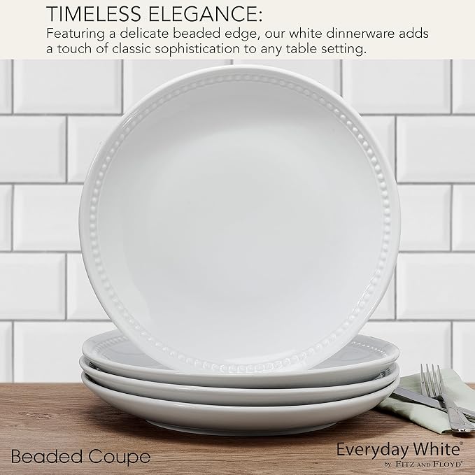 Everyday White Beaded Coupe Set of 4 Dinner Plates, 10.5 inch