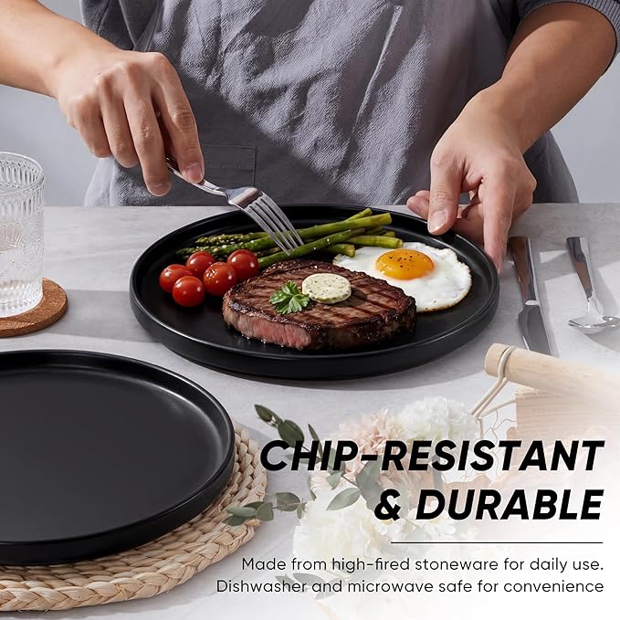 E-far Dinner Plates Set of 6, 10.5 Inch Stoneware Dinner Plate with Raised Edges, Chip & Scratch Resistant | Microwave & Dishwasher Safe Modern Ceramic Dishes for Dessert Salad, Matte Black