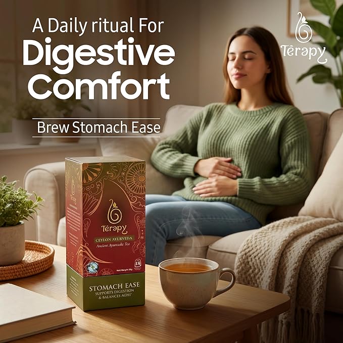TERAPY Ceylon Stomach Ease Tea – Ayurvedic Herbal Tea for Healthy Digestion, Gut Health, Tummy Tea, Gas Relief, & Stomach Soothing – Relieves Bloating, Gas, Indigestion & Constipation – 18 Bags
