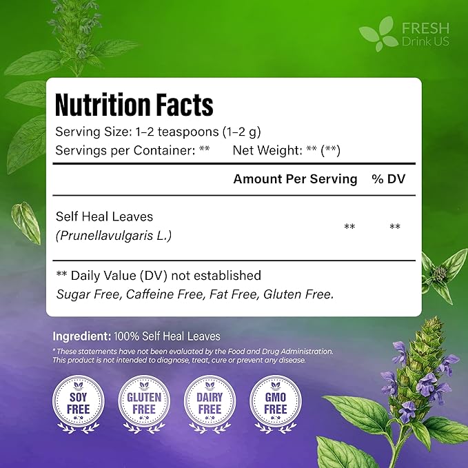 FreshDrinkUS, Premium Self Heal Leaves Loose Leaf Tea – 4oz (113g) Cut & Dried Herbal Leaves | Naturally Aromatic | Caffeine-Free Herbal Infusion | 100% Natural Loose Leaves. Preservative-Free. Vegan