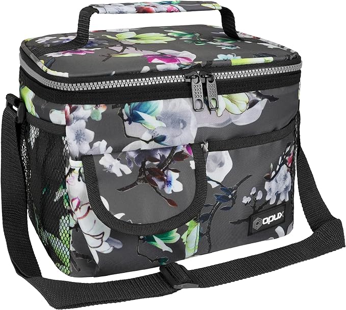 opux Insulated Lunch Box for Men Women Kids, Leakproof Reusable Lunch Bag Cooler for Work School Office, Soft Thermal Lunchbox Tote with Shoulder Strap for Boys Girls Adults, Floral Grey, 14 Can/8L