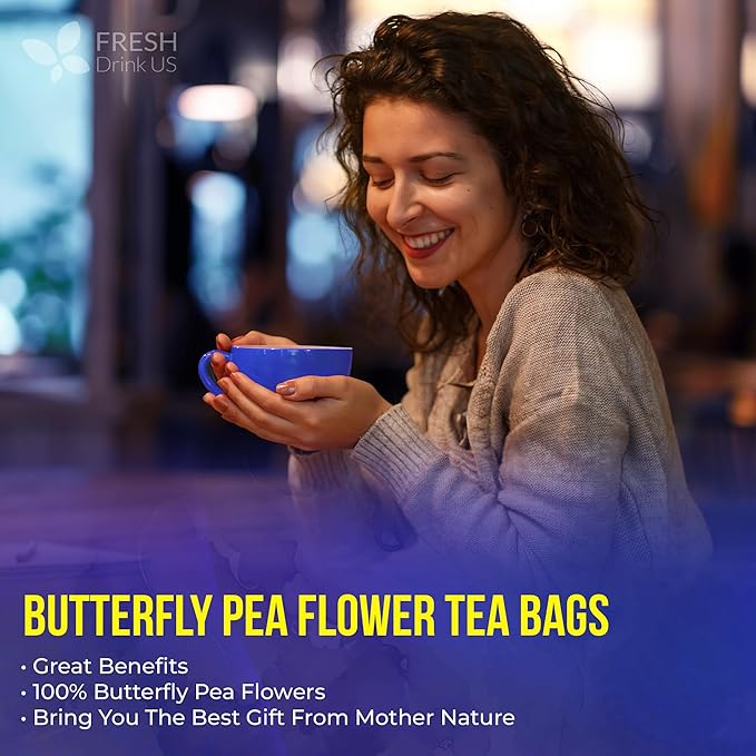 FreshDrinkUS, Premium 100 Blue Butterfly Pea Flowers Tea Bags, 100% Natural and Pure from Butterfly Pea Flowers, Made With Natural Material Tea Bag, No Sugar, No Caffeine, No Gluten, Vegan