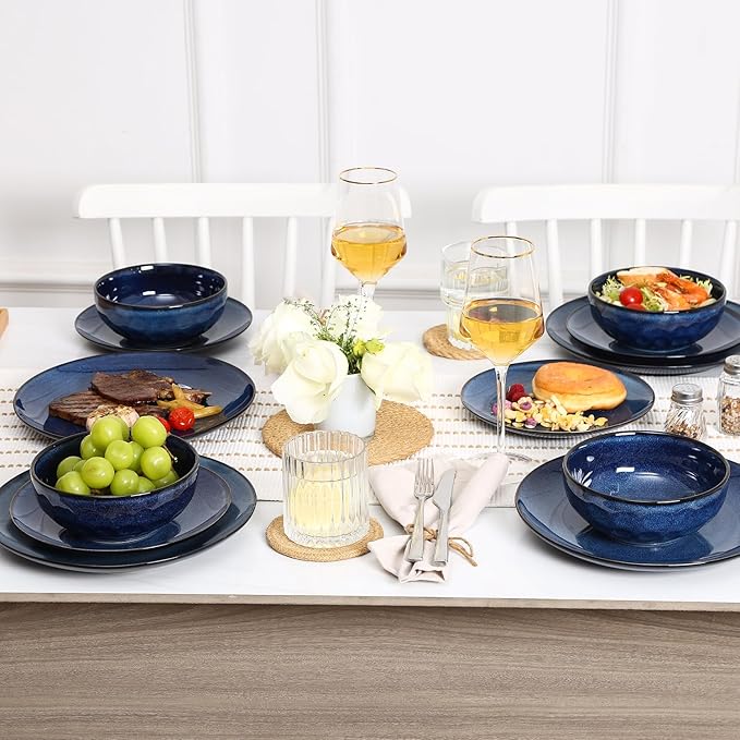 vicrays Ceramic Round Plates Set of 6 - Porcelain 10 inch Dinner Plates for Salad Dessert Appetizer Bread - Microwave Oven and Dishwasher Safe - Blue