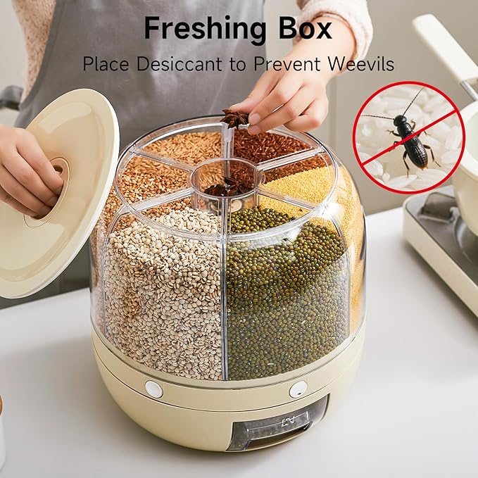 UFORU Rice Dispenser | 360° Rotating Grain Storage Bin - 6 Grids, 20LBS Large Capacity Food Container, Moisture-Proof, One-Click Output for Rice, Beans & Pet Food - Kitchen Pantry Organizer