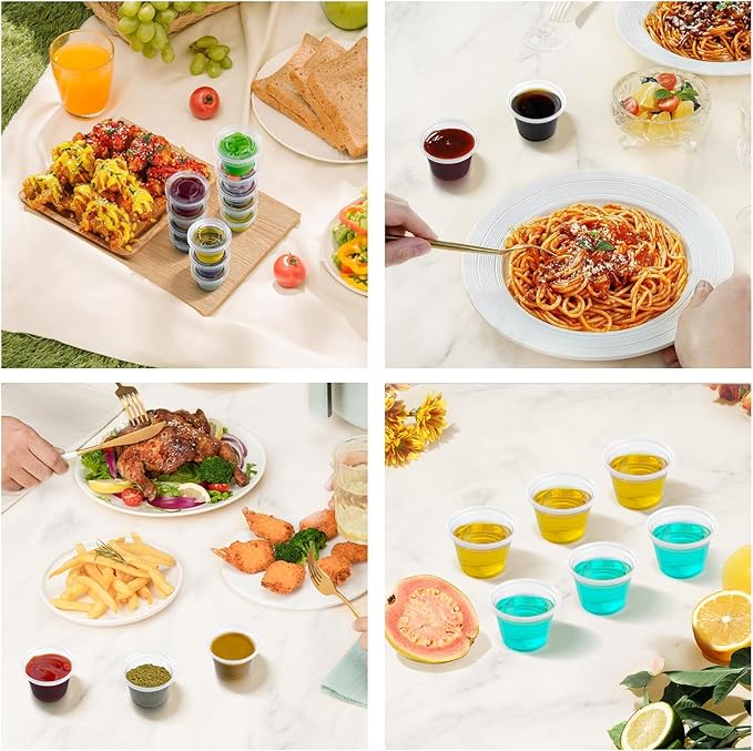 Dealusy 360 Set 1 oz Jello Shot Cups with Lids, Sturdy & Food Safe Disposable Plastic Portion Condiment Dipping Sauce Cups, Small Containers for Salad Dressing