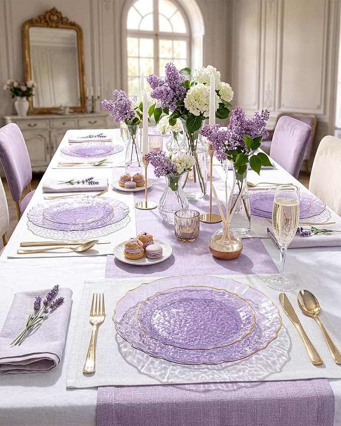 bUCLA 40PCS Clear Purple and Gold Plastic Plates - Fancy Lace-Edge Purple with Gold Trim Hammered Disposable - Include 20 Each (10inch Dinner & 7inch Dessert) Plates for Party & Wedding
