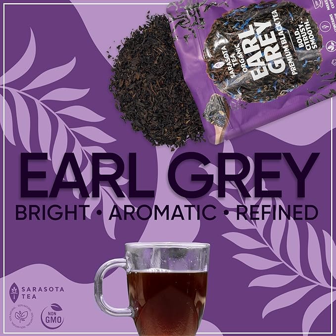 Organic Earl Grey Loose Leaf Tea by Sarasota Tea | Premium Black Tea with Natural Bergamot | Strong & Aromatic | 4.4 oz Bulk Bag | Hot or Iced | Non-GMO