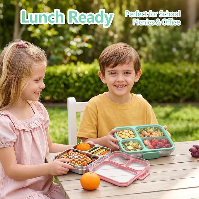 HOMEKOL Stainless Steel Bento Lunch Box, 3-Compartment Leak-Proof Metal Lunch Container for Kids & Adults, BPA-Free, Dishwasher Safe, Clear Tritan Lid, 4.2Cups/1000ml Green (Not Insulated)