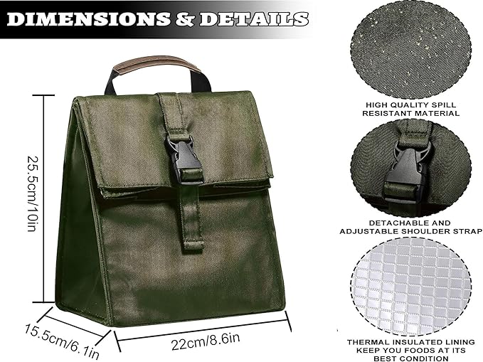 ZM-YOUTOO Insulated Foldable Lunch Bag- Lightweight Portable with Adjustable Shoulder Strap Lunch Box for Men, Women, Office, Work, Picnic, Hiking and Beach (Army Green(Soft Fabric))