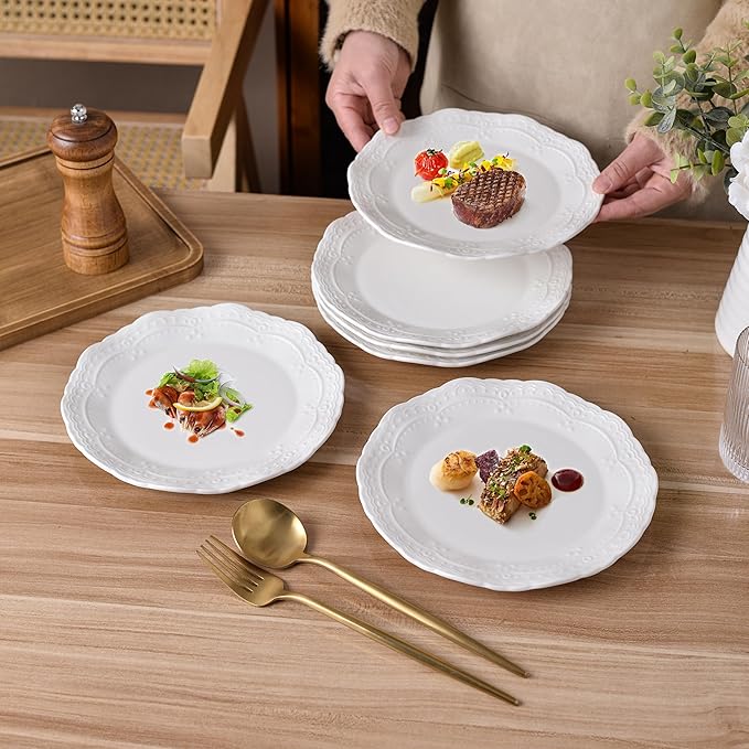10 Inch Porcelain Dinner Plates Set of 6,Serving Dishes,White,Embossed,Heat Resistant,Scratch Resistant,Highly Glossy Glaze,Dishwasher safe,Microwave safe (Picapica 10'')