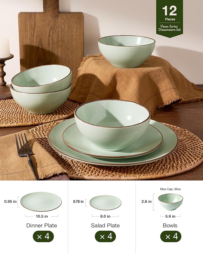 Famiware Venus Plates and Bowls Sets with Trim, 12 Pieces Speckled Stoneware Dishes Dinnerware Set for 4, Light Green - Microwave & Dishwasher Safe, Modern Minimalist, Everyday & Formal Dining