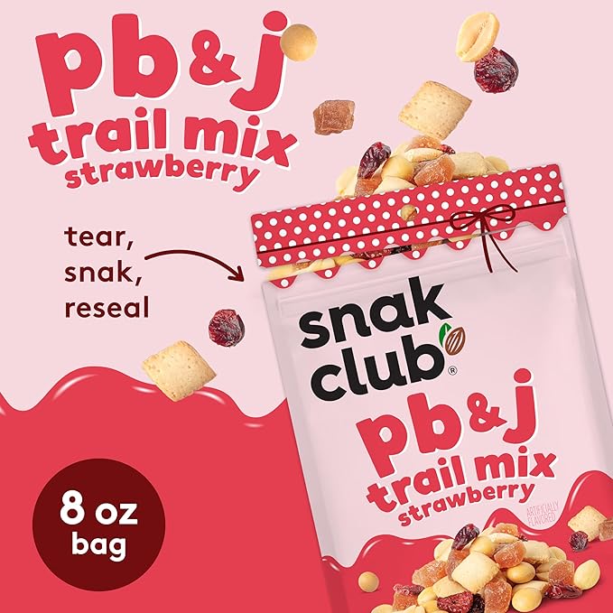 Snak Club PB&J Trail Mix Strawberry, Snack Mix with Peanuts, Mini Shortbread Cookies, Cranberries, Peanut Butter Candies, and Sweetened Dried Strawberries, 8 oz Resealable Bag