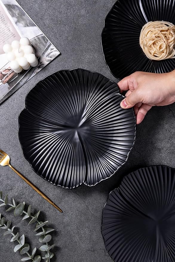 Jusalpha Set of 3-Japanese Style Flower Petal Shaped Porcelain Dinner Plates, Versatile Circular Serving Plates for Breakfast, Salad, Steak Dinner, PL019 (Flat plate, 10'', Black)