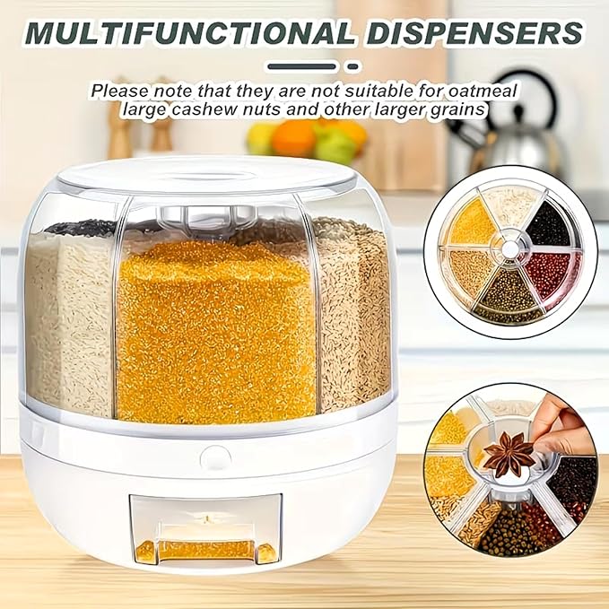 13Lbs Medium Grain dispenser 360°Rotating Rice Food Dispenser 6 Grids rice container rotatable Beans Containers Storage with Sealed lid for Peanut Barley Millet and Cereal