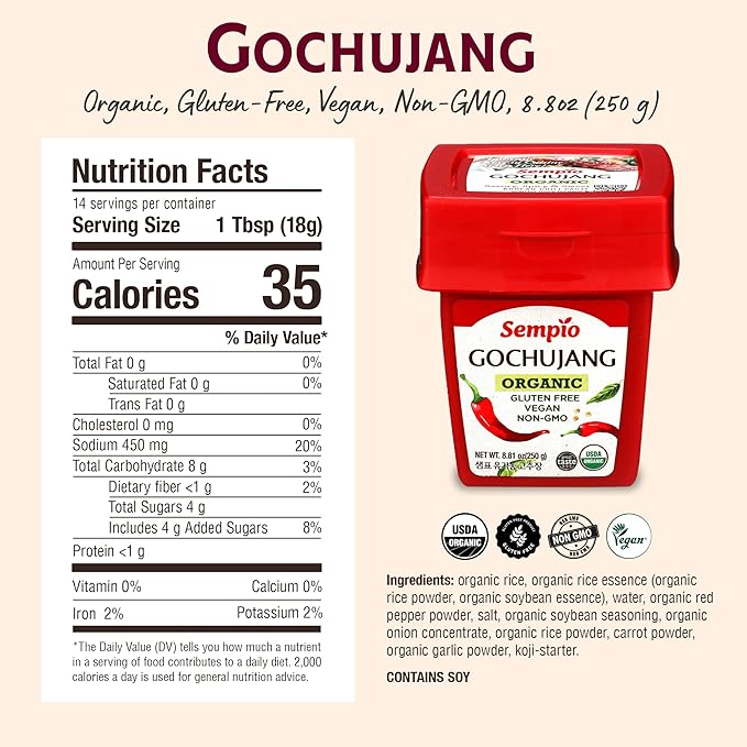 Sempio Gochujang Vegan Korean Red Chili Pepper Paste - Organic Gluten Free: Sweet Spicy Savory Paste, Traditional Fermented Condiment for Cooking, Marinades, Dips, Non GMO (8.8oz/250g)
