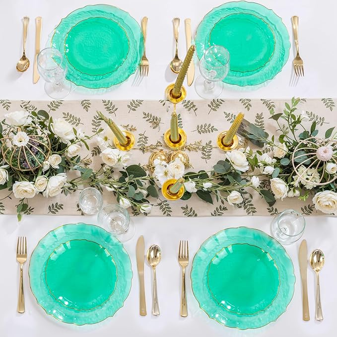 bUCLA 40PCS Clear Green Plastic Plates - Green and Gold Disposable Hammered Plates Fancy Lace-Edge, Crystal Design for 20 Guests Include 20 Each(Dinner&Dessert), Ideal for Party & Christmas