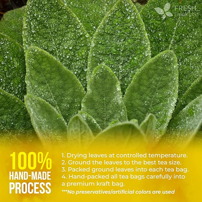 FreshDrinkUS, Premium 10 Mullein Leaf Tea Bags for Lungs, 100% Natural & Pure Mullein Leaves. Mullein Herbal Tea. Made with Natural Material Tea Bags. No Sugar, No Caffeine, No Gluten, Vegan.