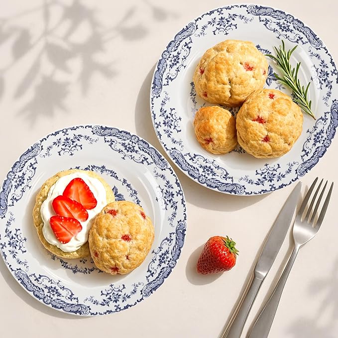 Salad Plates, Ceramic Plates Set of 6, Kitchen Plates Microwave Safe, 8.5 Inch White Plate Dessert Blue Floral