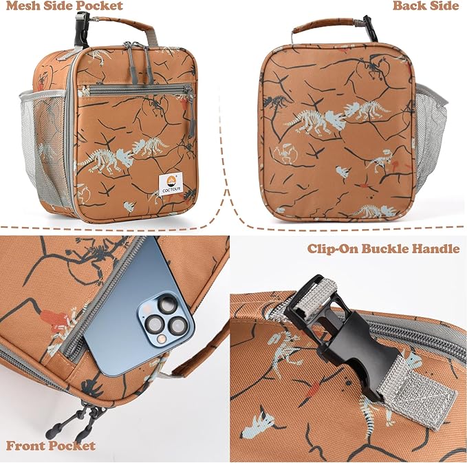 CaCTOUR Lunch Box Kids,Premium Insulated Lunch Bag for Girls Boys,Soft Bag Mini Cooler Back to School Thermal Reusable Lunch Bag for Work School Picnic （Brown Dino