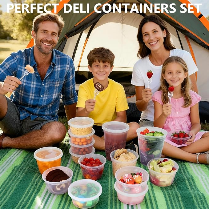 NESCCI 72 Sets (144-Piece) Deli Containers with Lids, 32/16/8 oz X 24 Set Each, Leak-Proof & BPA Free Airtight Takeout Plastic Food Storage Containers for Soup, Meal Prep,Microwave/Freezer Safe