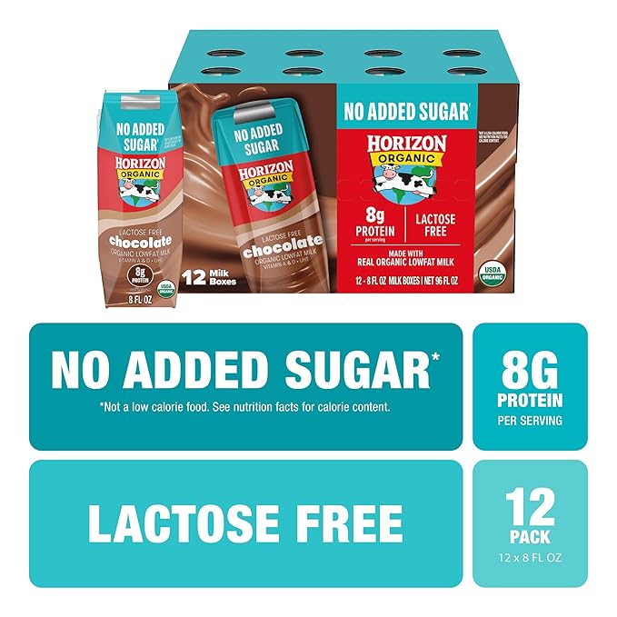 NEW Horizon Organic Shelf Stable No Added Sugar Lactose Free 1% Lowfat Chocolate Milk Boxes, Pack of 12-8g Protein per Serving
