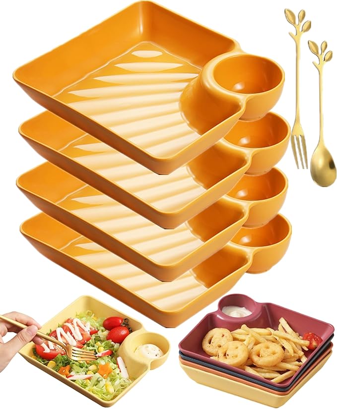4pcs Japanese Dumpling Plate with Sauce Dish, Chips and Salsa Serving Dish Plates with Dipping Saucer for Family Party Appetizer Sushi Taco Salsa Charcuterie Barbecue Plate, Reusables (Yellow)