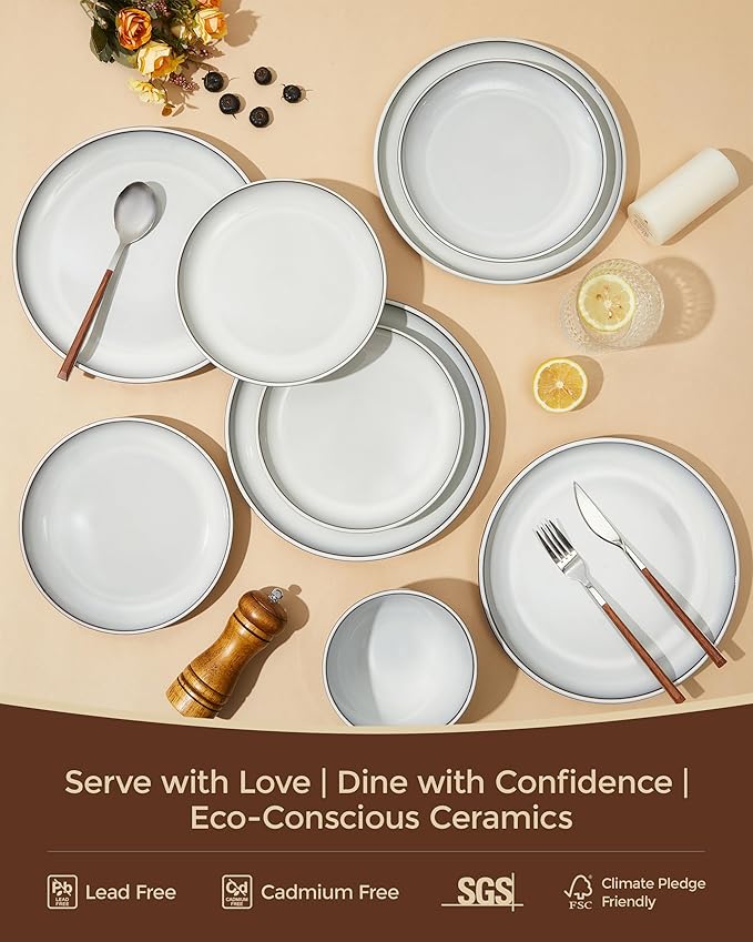 Pokini 10 Inch Ceramic Plates, White Dinner Plate Set for Dessert Pizza Steak, Terracotta Kitchen Stoneware Serving Dishes Set, Dishwasher & Microwave Safe, Scratch Resistant