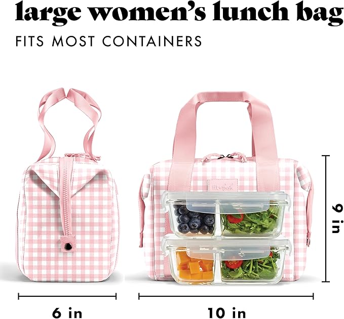 Fit & Fresh Remi Lunch Bag for Women Work – Neoprene Lunch Tote with Containers & Ice Pack, Reusable Meal Prep Lunch Box, Large Capacity, Machine Washable, Pink Gingham