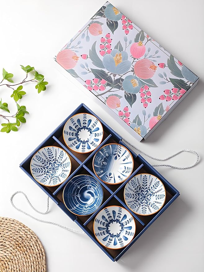 Rice Bowls 10oz, Japanese Style Bowls Set of 6 with Gift Box - Blue and White Ceramic Bowls for Soup, Dessert, Ice Cream, Snack - Kitchen Gifts for Women Christmas Gift
