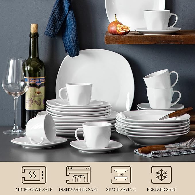 MALACASA 30 Piece Porcelain Dinnerware Set, Grey White Dish Set for 6, Square Ceramic Dishware Sets, Chip and Scratch Resistant Plates and Bowls Sets, Cups and Saucers, Series ELISA
