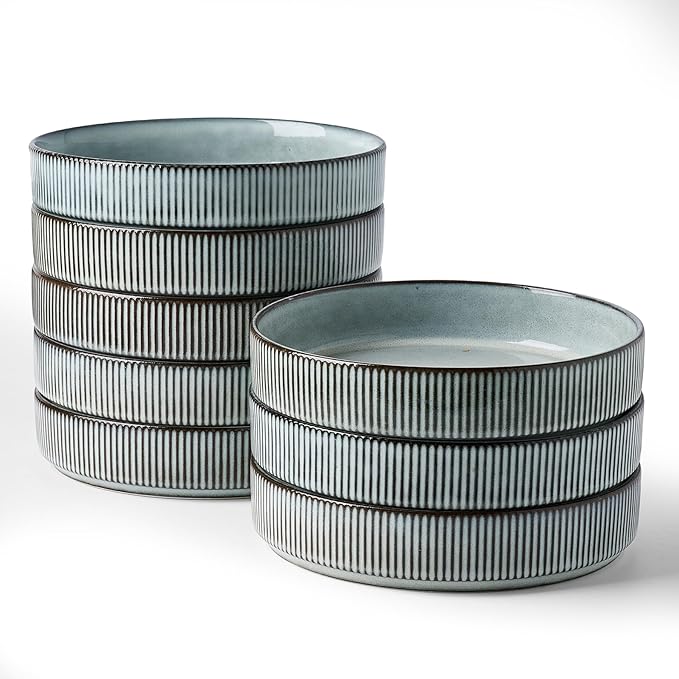 famiware Star 7.5" Pasta Bowls Set, Salad Bowl Set of 8, Double Reactive Glaze, Stackable, Ideal for Your Friend for Housewarming, Festivals, Smoky Blue