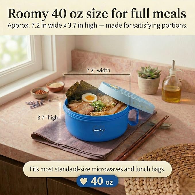 AI LOVE PEACE Ramen Bowls, 40 oz Large Microwavable Noodle Bowls (1 Blue, 1 Red) with Chopsticks, Sporks, and Utensil Bag, Portable Microwave Bowl for Home, Office, Dorm, or College Gift.