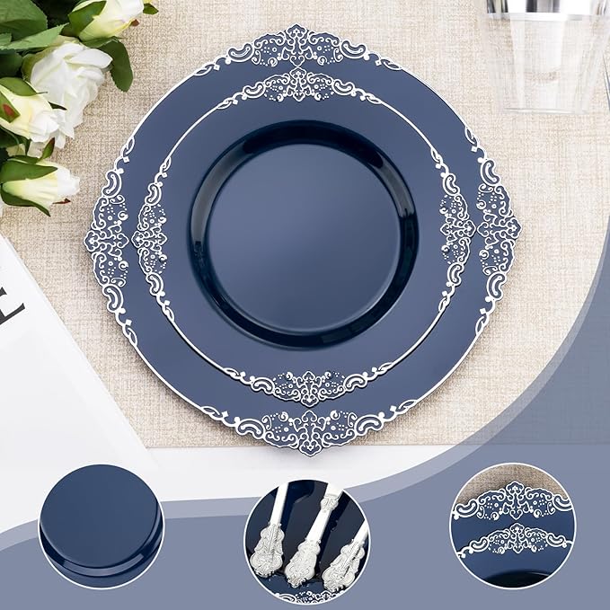 Bestluck 700PCS Navy Blue Plates for 100 Guests, Disposable Dinnerware Sets Include 100 Plastic Plates, 100 Silverwares, 100 Cups, and 100 Pre Rolled Napkins for Party, Wedding and Graduation