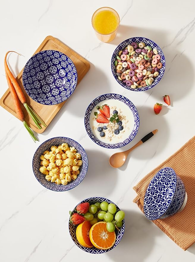 Metahom Ceramic Cereal Bowls, 23 Oz Blue and White Bowls, Porcelain Soup Bowl Set for Salad, Dessert, Pasta, Ice Cream,Set of 6