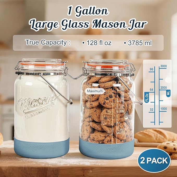 2 Packs 1 Gallon Glass Jars with Airtight Lids, Wide Mouth Mason Jars with Clip Top & Stainless Steel Handle & Silicone Base, Glass Storage Containers for Kitchen Storage, Pickling-Dual Scale