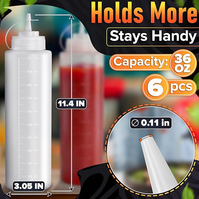 6-Pack Plastic Condiment Squeeze Bottles 36oz – Refillable Squirt Bottles with Narrow Tip, Leak-Resistant | Great for Oil, Sauces, Ketchup, Mayonnaise, Syrup, Dressing, BBQ Stations & Catering Use