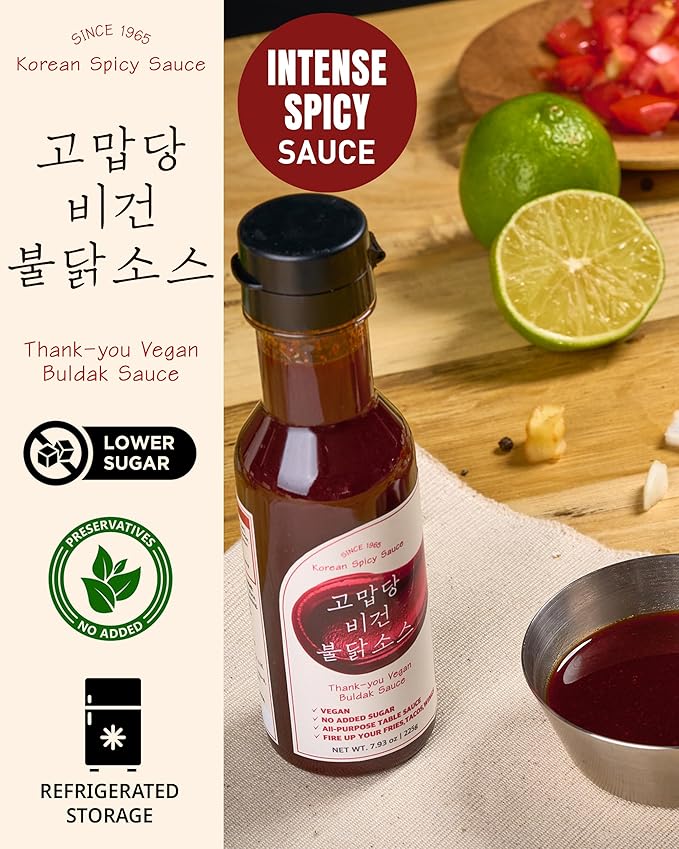 Thank-you Vegan Buldak Sauce Sugar-Free Korean Fire Hot Sauce with Allulose – Plant-Based, No Chicken Extract | Squeeze Bottle for Ramen, Rice Bowls, Tacos, Pizza & Cauliflower Wings | 9.17 fl.oz (260ml)