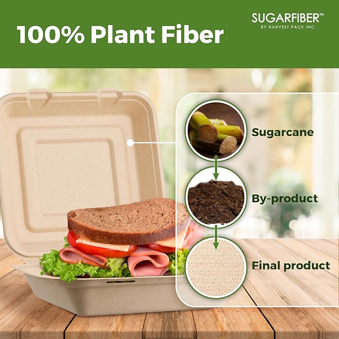 [200 COUNT]Sugarfiber by Harvest Pack PFAS FREE 10 X 10" Compostable Clamshell Food Containers, Heavy-Duty Hinged Container, Disposable Bagasse Eco-Friendly Natural Takeout to go Box