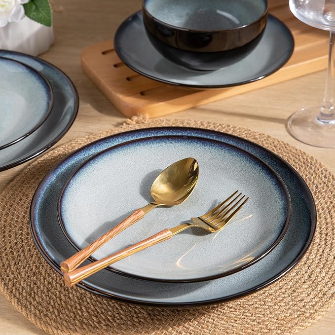LERATIO Ceramic Dinner Plates Set of 6, 10.5 Inch Handmade Reactive Glaze Porcelain Plates, Coupe Shape Dinnerware Dishes Set for Kitchen,Oven& Microwave & Dishwasher Safe, Scratch Resistant-Gray Blue
