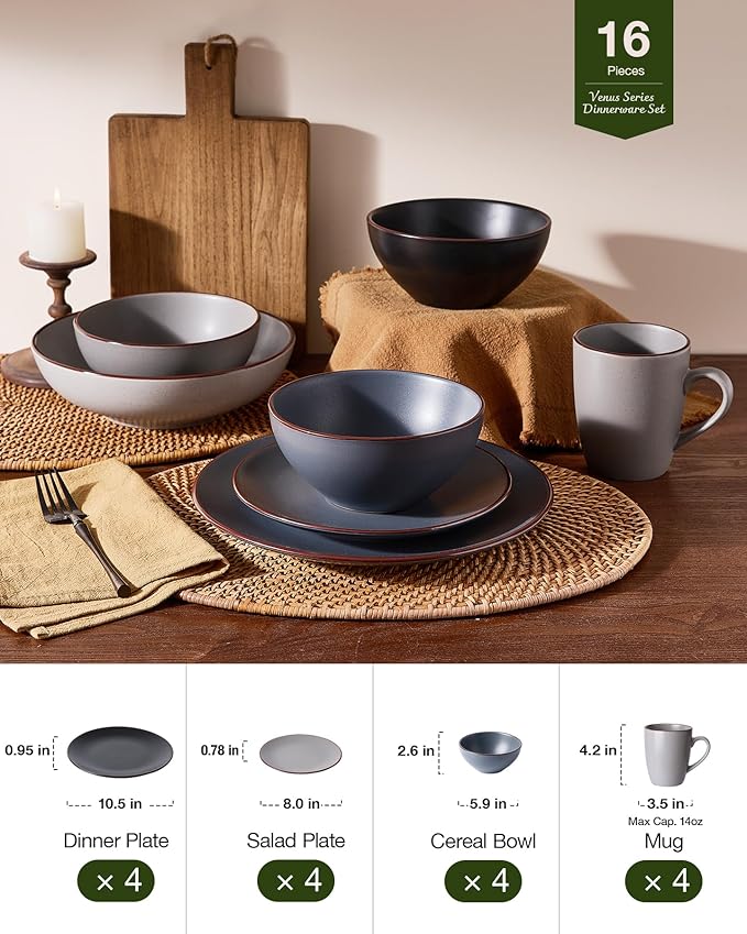 Famiware Venus 16-Piece Stoneware Dinnerware Sets with Mugs, Plates, Bowls, Service for 4, Matte Multicolor - Chip‑Resistant Dish Set for Everyday & Formal & Party Use, Microwave & Dishwasher Safe