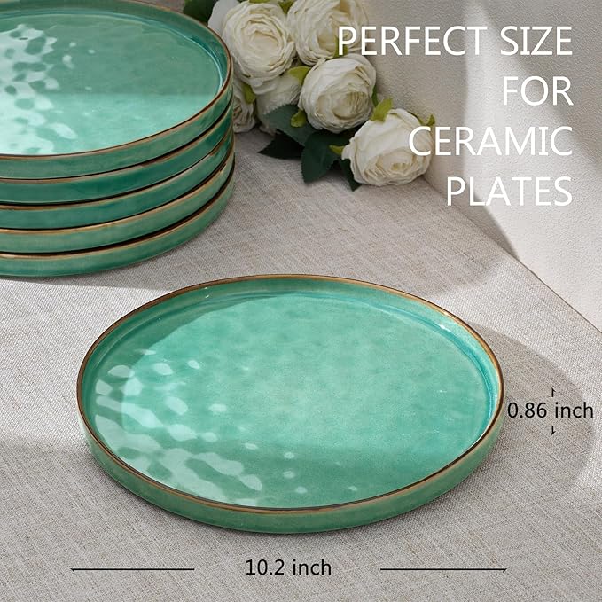 LIANYU 10.2 Inch Dessert Plates of 4, Kitchen Ceramic Dinner Plates Set, Dinnerware Serving Dishes Set, Dinnerware Salad Appetizer Plates for Microwave Dishwasher Oven, Chip Resistant, Emerald Green