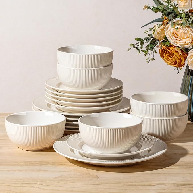 TheTerra Stoneware Dinnerware Sets for 6, 18 Pieces Ceramic Plates and Bowls Sets, Scratch Resistant Embossed Dish Set, Oven, Microwave & Dishwasher Safe, Cream White