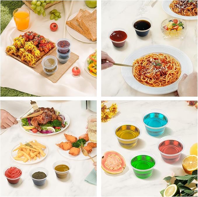 Dealusy 360 Set 4 oz Jello Shot Cups with Lids, Sturdy & Food Safe Disposable Plastic Portion Condiment Dipping Sauce Cups, Small Containers for Salad Dressing