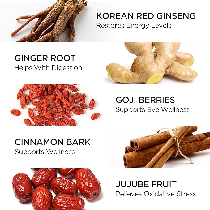 JUNG KWAN JANG Hong Sam Won Korean Red Ginseng Drink | Energy Drink, Pre Workout, Herbal Tea, Ginseng Supplement | Jujube, Ginger, Cinnamon, Goji Berry | Vegan Friendly (20 Count)