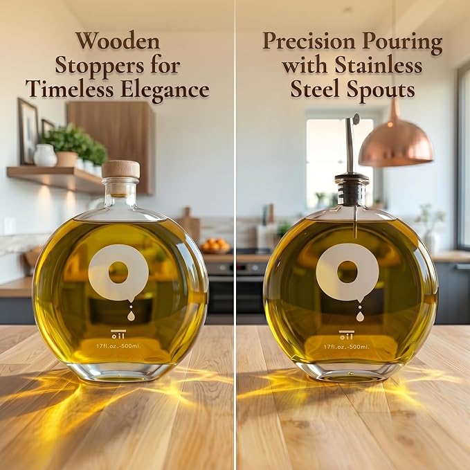 Elegant Oil and Vinegar Dispenser Set – Glass Bottles 17oz/500ml with Corks, Pouring Spouts & Funnel | Modern Olive Oil Dispenser & Vinegar Cruet for Kitchen Decor | Set of 2