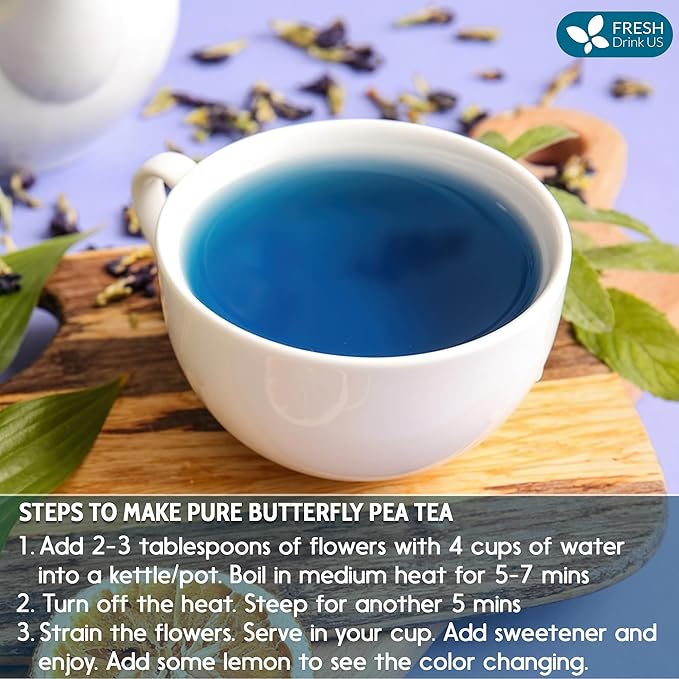 FreshDrinkUS, Premium 16oz Blue Butterfly Pea Flowers Dried – Premium Whole Flower Herbal Tea – Vibrant Blue Natural Color – Caffeine-Free Loose Flower Tea. Vegan